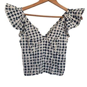 Madewell Women's Top Blue White Printed Flutter Sleeve Resort Girly Size 0Size 0